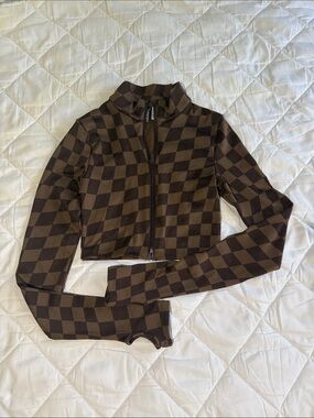 H&M Brown Checkerboard Cropped Zip Long-Sleeve Top